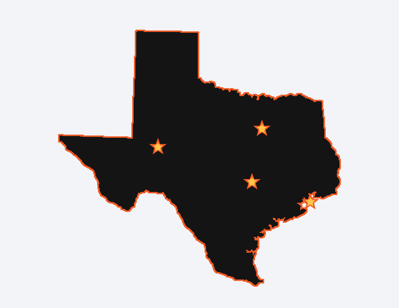Texas map with Mainline location stars for Midland, Fort Worth, Austin, and Bay City