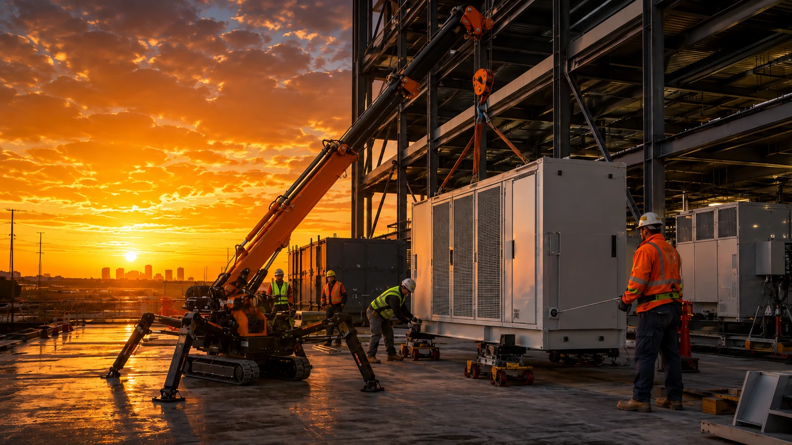 Compact lifting and support equipment working at a construction site