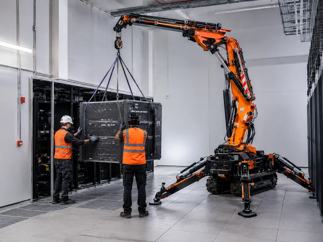 Compact mini crane lifting equipment in a controlled indoor setting