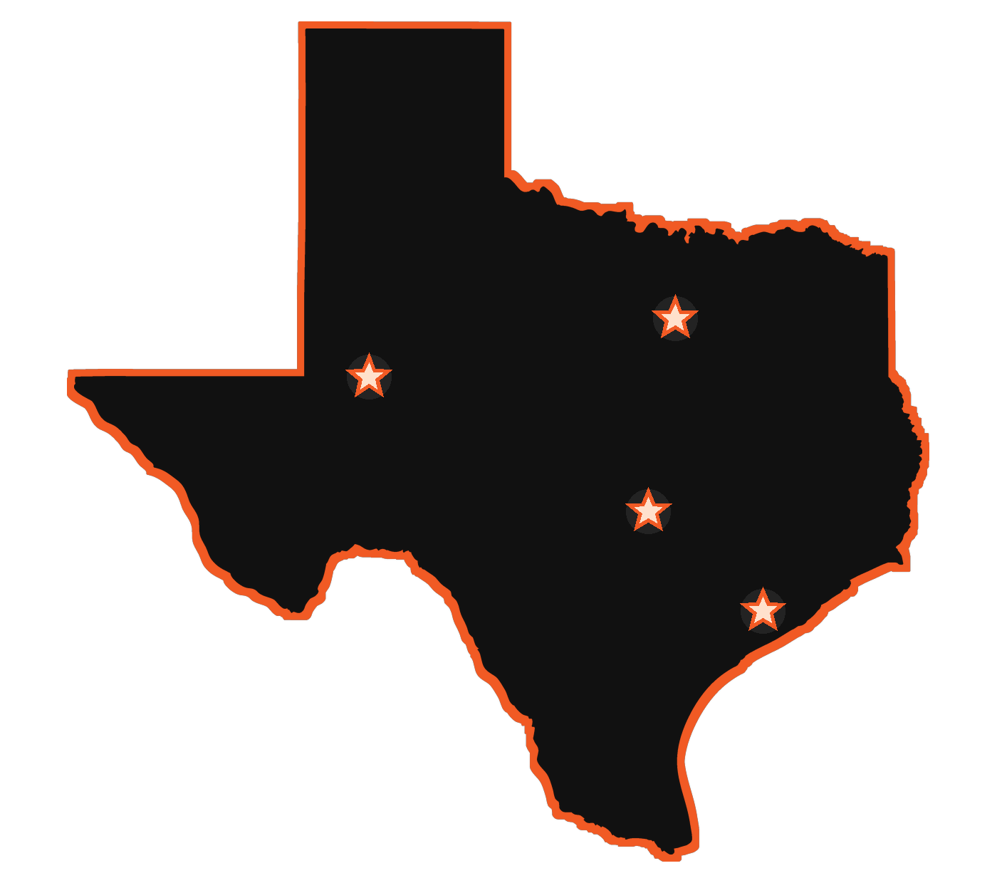 Texas map showing Mainline yard locations in Midland, Fort Worth, Austin, and Bay City